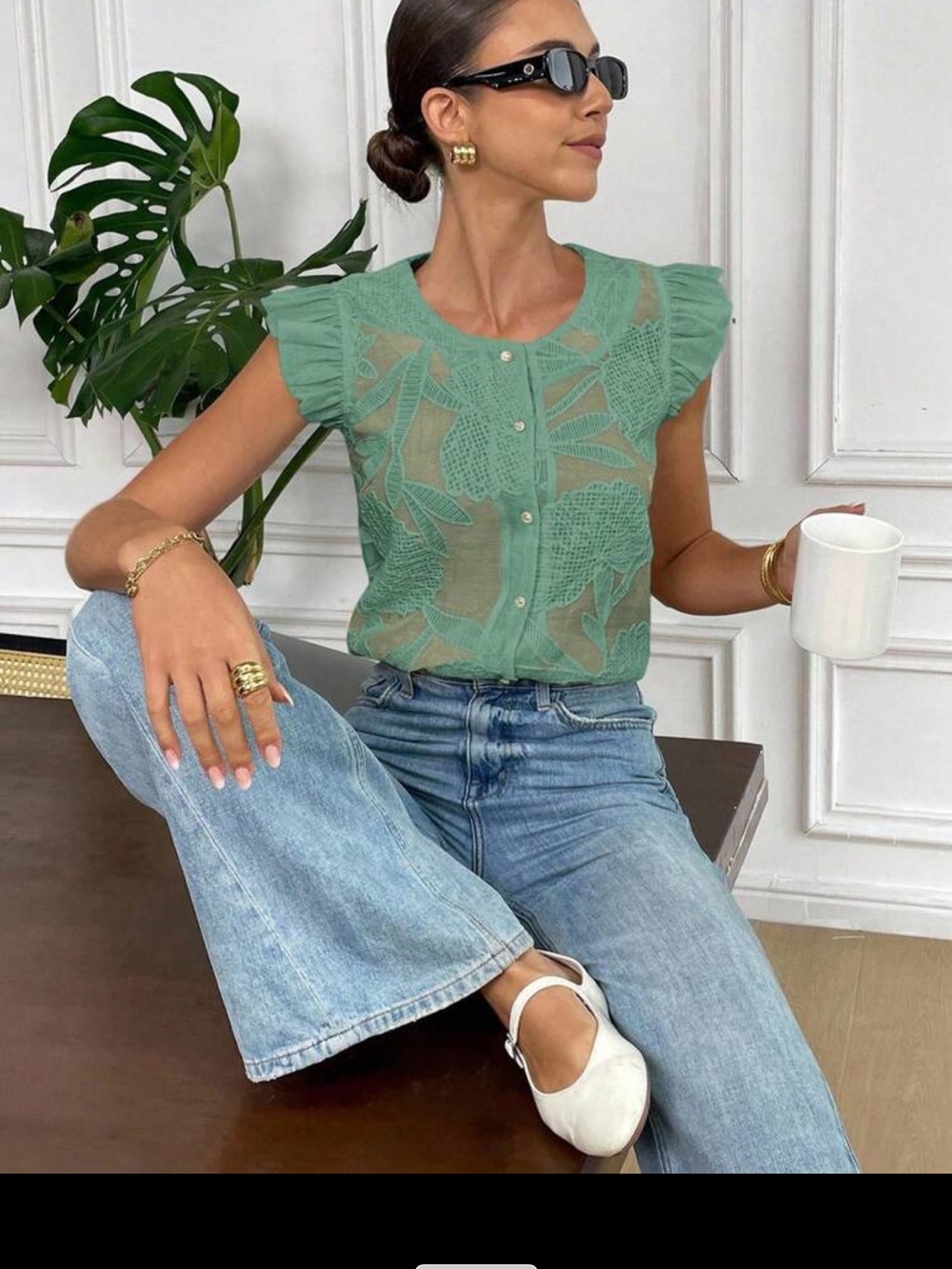 Sheer Lace Flutter Sleeve Top in Sage Green